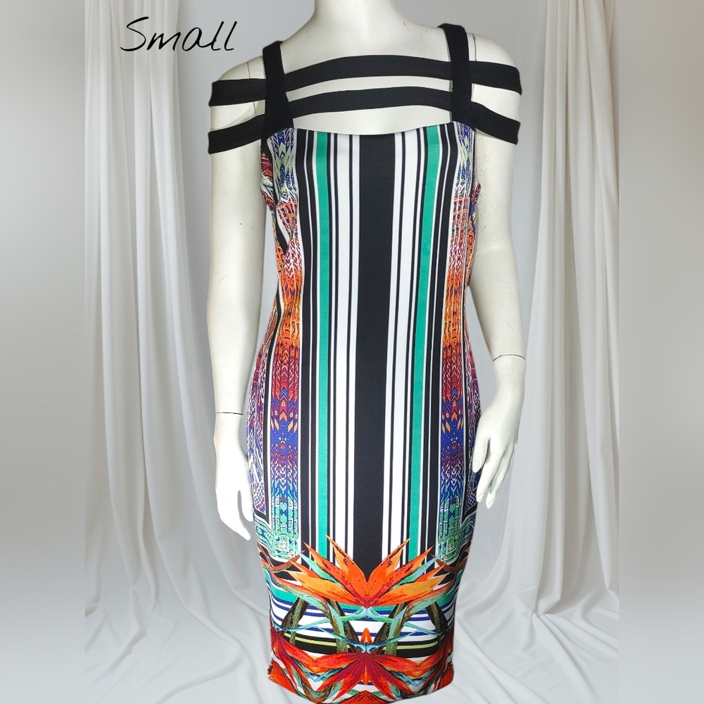 Bisou Bisou Black and Multicolor Striped Midi Dress Small